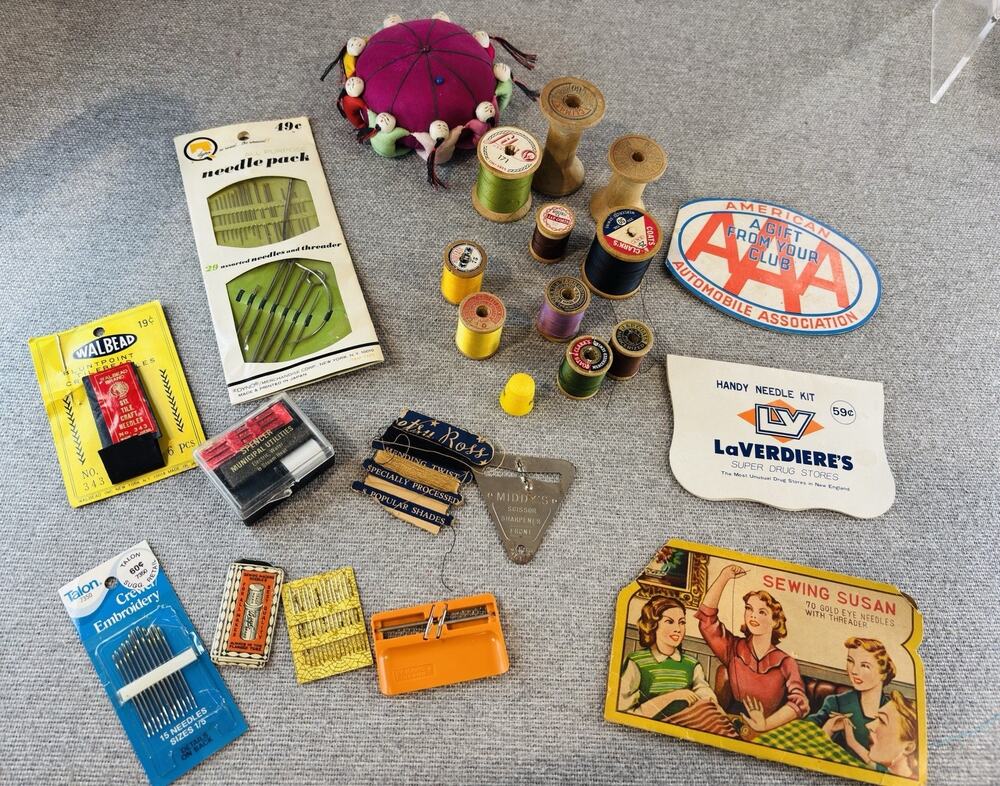 Vintage Sewing Notions Lot Needle Cards Thread Spools Pin Cushion Advertising